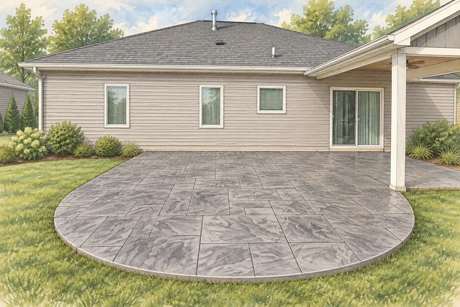 Illustrated gray stamped patio with a rounded edge at ground level behind a house; a concept inspired by project photos